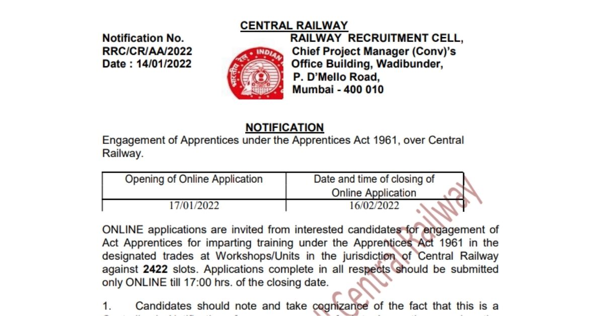 Railway RRC CR Apprentice Bharti 2022